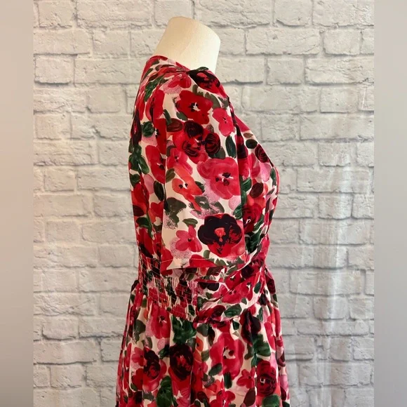 Romantic Floral Mini Dress Red & Pink Roses Empire Waist Low Cut Deep V-Neck - Picture 10 of 15